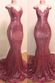 Glitter Pink Sequins V Neck Mermaid Long Prom Evening Dress GJS322