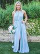 Floor Length High Split Blue Chiffon Sleeveless Bridesmaid Dress LBQB0025