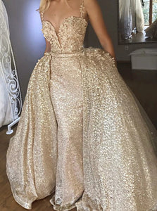 Mermaid Champagne Sequined Appliques Prom Dress with Detachable Train