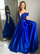 A Line Off the Shoulder Royal Blue Satin Prom Dress with Beadings LBQ0297