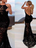 Spaghetti Straps Sheath Black Lace Sweep Train Prom Dresses LBQ0268