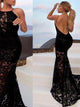 Spaghetti Straps Sheath Black Lace Sweep Train Prom Dresses