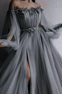 Gray Off the shoulder Tulle Prom Evening Dress with Long Sleeve GJS151