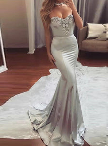 Mermaid Sweetheart Sweep Train Sleeveless Silver Elastic Satin Prom Dress with Beadings