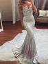 Mermaid Sweetheart Silver Satin Prom Dress with Beadings LBQ0141