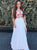 A Line White Embroidery V Neck Lace Up Sweep Train Prom Dresses