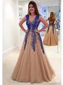 Sweep Train Open Back Champagne Tulle Prom Dresses with Beadings