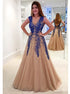 A Line V Neck  Open Back Champagne Tulle Prom Dress with Beadings LBQ0268