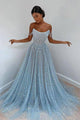 Blue Tulle Off-the-shoulder A line Long Prom Evening Dress  GJS274