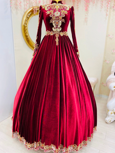 Burgundy Velvet Beaded Muslim Long Sleeve  Evening Formal Party Gown GJS611