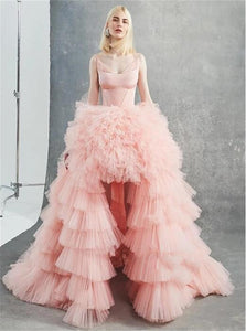 A Line Scoop Asymmetrical Pink Tulle Prom Dresses