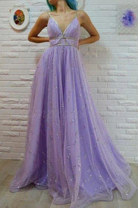 A-Line Spaghetti Straps Floor-Length Lavender Prom Dress With Sequins GJS147