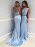 Two Piece Mermaid Halter Neck Blue Prom Dress with Beading and Spaghetti Strape LBQ0015
