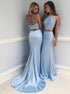 Two Piece Mermaid Halter Neck Blue Prom Dress with Beading and Spaghetti Strape LBQ0015
