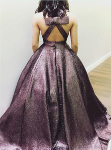 Deep V Neck Ball Gown Open Back Prom Dresses With Pockets and Sweep Train 