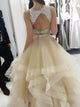 Sexy Two Piece Champagne Bateau Open Back Tulle Prom Dress with Sequins