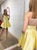 Yellow A Line V Neck Spaghetti Straps Satin Knee Length Homecoming Dress