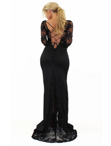 Black Sheath Lace Up Side Slit Long Sleeves Prom Dresses with Sweep Train