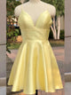 Yellow A Line V Neck Spaghetti Straps Sleeveless Satin Homecoming Dress
