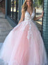 Tulle Ball Gown Deep V Neck V Back Prom Dress with Lace LBQ0002