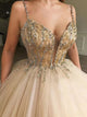 Ball Gown V-neck Sleeveless Floor-Length Tulle Beading Prom Dresses GJS010