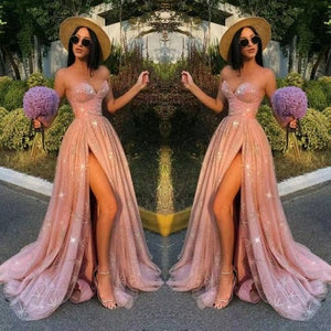 Sexy Split Pink Sequins  Strapless  Long Prom Evening Dress GJS604