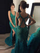 Mermaid Scoop Green Tulle Prom Dresses with Beadings