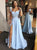 A Line Sweetheart Blue Satin Cap Sleeves Prom Dress with Appliques Split