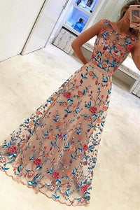 Floral Scoop Prom Dresses with Embroidery 