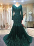 Green Mermaid Long Sleeves Tulle Prom Dress with Appliques LBQ0155