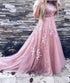 Scoop A Line Open Back Prom Dresses Tulle With Appliques LBQ0298