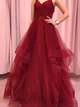 A Line Red Sweetheart Tulle Layered Long Prom Dresses ZXS635