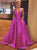  Deep V Neck Open Back Fuchsia Satin Sweep Train Prom Dresses with Pockets