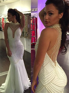 White Mermaid Jewel Back Beaded Chiffon Floot Length Prom Dresses 