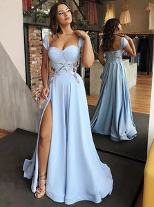 A Line Blue Satin Long Prom Dresses with Appliques Split