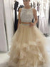 Two Piece Champagne Bateau Open Back Tulle Prom Dress with Sequins LBQ0033