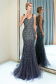 V Neck Sparkly Navy Rhinestone Mermaid Tulle Prom Dresses LBQ1653