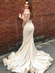 Champagne Mermaid Off the Shoulder Satin Prom Dress with Sweep Train