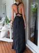 A Line Halter Sleeveless Navy Blue Chiffon Floor Legnth Prom Dress with Keyhole