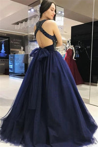 Ball Gown Navy Blue Beading Tulle Prom Dresses LBQ0051