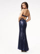 Sequins Open Back Halter Mermaid Floor Length Black Prom Dresses