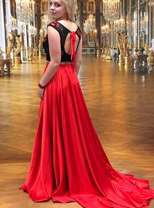 Sexy Lace Open Back with Sweep Train Red Elastic Satin Evening Dress