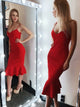 Red Sheath Spaghetti Straps Satin Knee Length Homecoming Dress with Ruffles