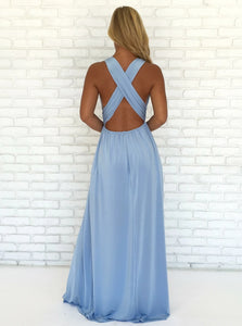 A Line V Neck Criss Cross Sky Blue Floor Length Chiffon Prom Dress with Split