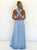 A Line V Neck Criss Cross Sky Blue Floor Length Chiffon Prom Dress with Split
