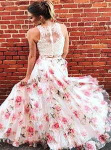 Two Piece A Line Organza Scoop Sleeveless Ivory Prom Dresses 