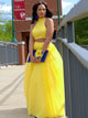 A Line Jewel Floor Length Open Back Yellow Tulle Prom Dress with Beading