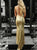Mermaid V Neck Open Back Gold Sequined Sweep Train Prom Dress with Appliques
