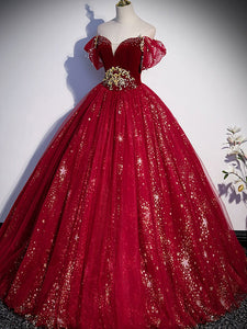 Burgundy Tulle Sequin Long Prom Formal Dress GJS678