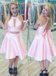 Two Piece Jewel Open Back Pearl Pink Satin Bowknot Homecoming Dresses 